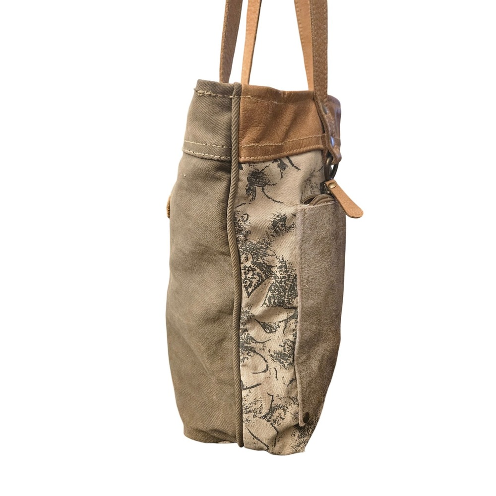 Myra Bag Canvas & Leather Tote Purse | Floral Print Zip Pocket Shoulder Bag Boho - Picture 2 of 7
